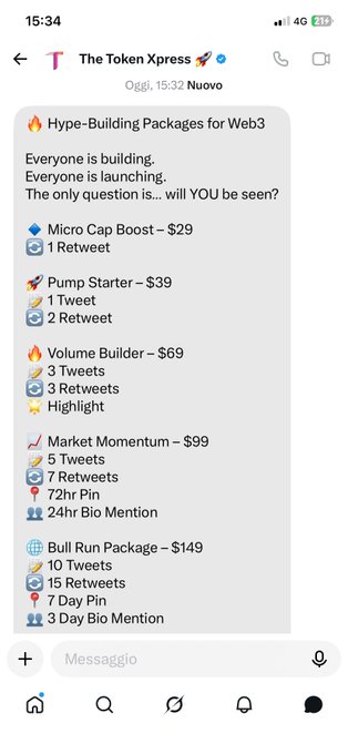 A Twitter DM conversation with "The Token Xpress" advertising Web3 hype-building packages: Micro Cap Boost ($29), Pump Starter ($39), Volume Builder ($69), Market Momentum ($99), and Bull Run Package ($149), each offering tweets, retweets, pins, and bio mentions.