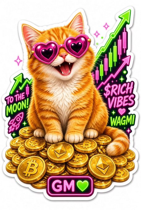 A cartoon orange cat with pink heart sunglasses sits atop a pile of Bitcoin and Ethereum coins, surrounded by green and pink candlestick charts, rockets, and text reading "TO THE MOON!", "$RICH VIBES WAGMI", and "GM 💚" — perfectly capturing the optimistic, meme-driven crypto energy of the #DELULUARMY community.