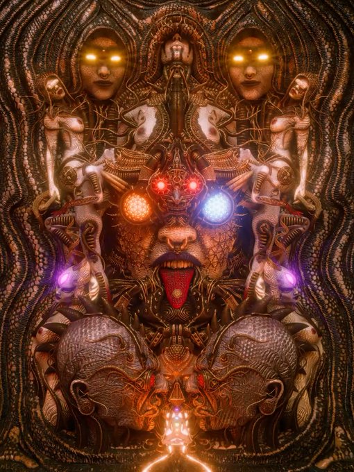 A symmetrical, psychedelic digital artwork featuring demonic faces with glowing yellow eyes, intricate organic patterns, and colorful mystical elements including red and blue orbs.