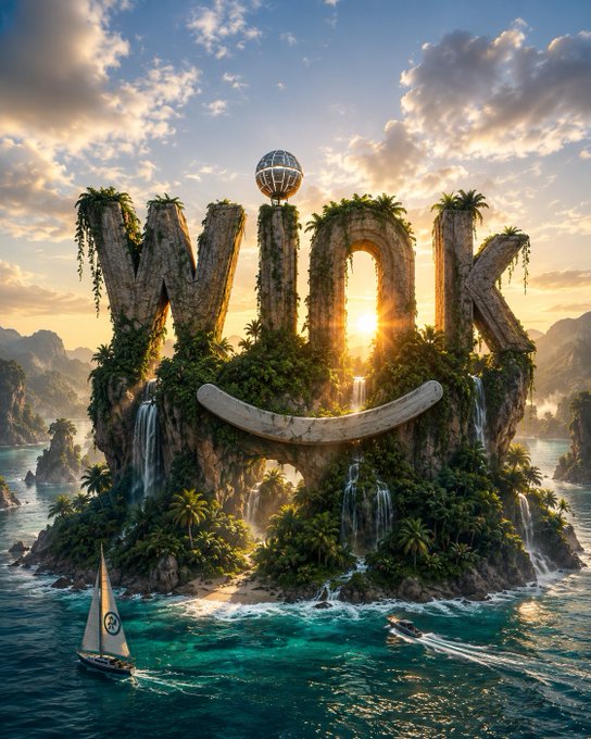 The image features a fantastical tropical island where the word "WINk" is sculpted into towering rock formations, adorned with lush vegetation and waterfalls, with a hot air balloon floating above. This aligns with the post's message of WINkLink empowering developers to build real-world Web3 applications, symbolizing how foundational support transforms creative ideas into tangible, thriving projects.