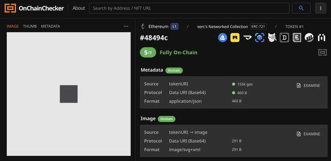 A screenshot of OnChainChecker showing NFT #48494c from serc's Networked Collection on Ethereum, displaying it as "Fully On-Chain" with metadata stored via tokenURI Data URI and image data (291 B image/svg+xml) directly on-chain, supporting the claim that SVG uploads through Networked UI keep artwork fully onchain.