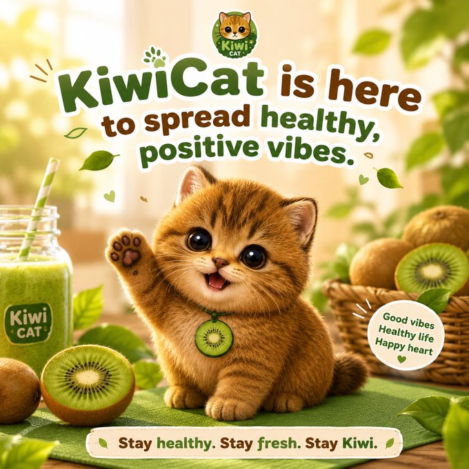 KiwiCat promotional graphic featuring an adorable orange tabby kitten with a kiwi-slice pendant, surrounded by kiwis and a green smoothie, with text reading 'KiwiCat is here to spread healthy, positive vibes' and 'Stay healthy. Stay fresh. Stay Kiwi.'