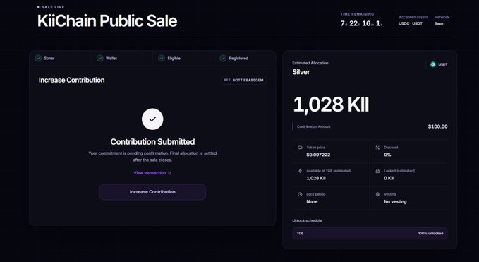 A 'KiiChain Public Sale' dashboard showing 'Contribution Submitted' with a Silver allocation of '1,028 KII' and a $100.00 contribution.