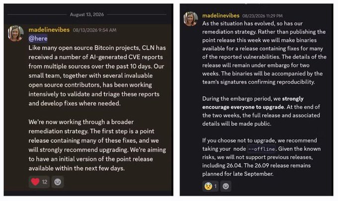 Two Discord messages from madelinevibes dated August 13, 2026 discussing AI-generated CVE reports against the CLN Bitcoin project and their remediation strategy.