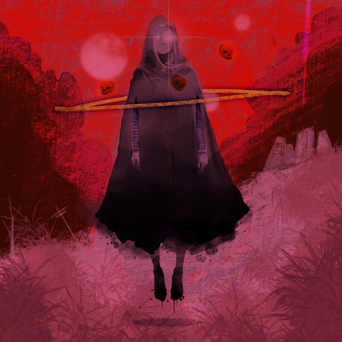 An eerie digital artwork of a hooded figure in a dark cloak standing in a red-toned landscape with floating jack-o'-lantern faces and a golden ring.