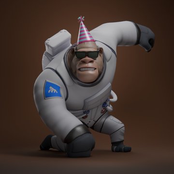 A 3D-rendered cartoon character in a white astronaut suit wearing a striped party hat and black sunglasses, posed in a dynamic crouching stance against a brown background.