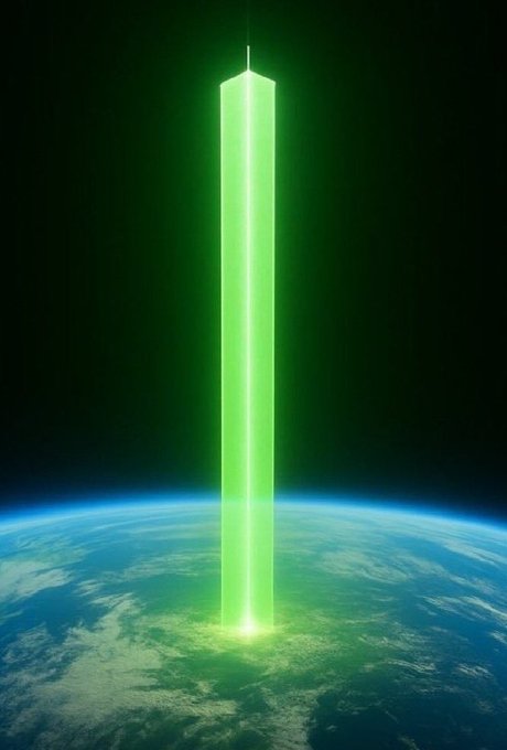 The image features a tall green tower with a beam of light emanating from its top, which appears to be coming from space. The tower stands against a backdrop of the Earth, creating an interesting contrast between the man-made structure and the natural environment. The caption provided seems unrelated to the main subject matter but is included for completeness.