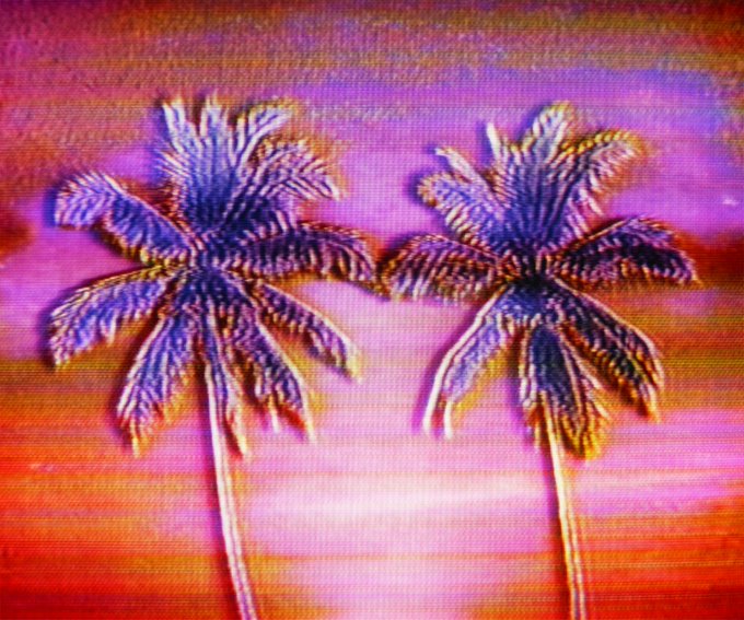 Two embroidered palm trees on a pink and orange sunset background, with a vintage pixelated aesthetic.