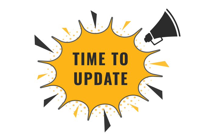 A graphic design featuring a yellow burst/explosion shape with the text 'TIME TO UPDATE' in bold black letters, accompanied by a black megaphone icon.
