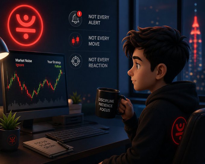 An animated illustration of a young person holding a 'DISCIPLINE PATIENCE FOCUS' mug while looking at a trading screen with the phrases 'NOT EVERY ALERT', 'NOT EVERY MOVE', and 'NOT EVERY REACTION' displayed.