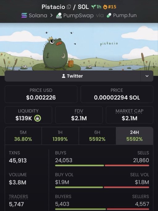 A cryptocurrency tracking screen showing "Pistacio / SOL" on the Solana network via PumpSwap/Pump.fun, with price stats including $0.002226 USD, $139K liquidity, and a $2.1M market cap.