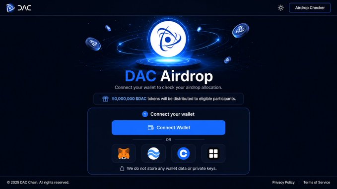 The image shows the DAC Airdrop Checker page, featuring the DAC logo prominently with the text "DAC Airdrop" and a notice that "50,000,000 $DAC tokens will be distributed to eligible participants." It includes a "Connect Wallet" button with options for MetaMask, Sui, an unnamed wallet, and Ledger, directly illustrating the airdrop checker tool mentioned in the post about DAC Chain's mainnet and upcoming airdrop.