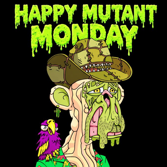 The image is a vibrant cartoon featuring a grotesque, green-skinned character wearing a tattered hat with teeth, accompanied by a purple and yellow bird on his shoulder, with the bold dripping text "HAPPY MUTANT MONDAY" at the top, matching the post's groovy "Happy Mutant Monday" greeting.
