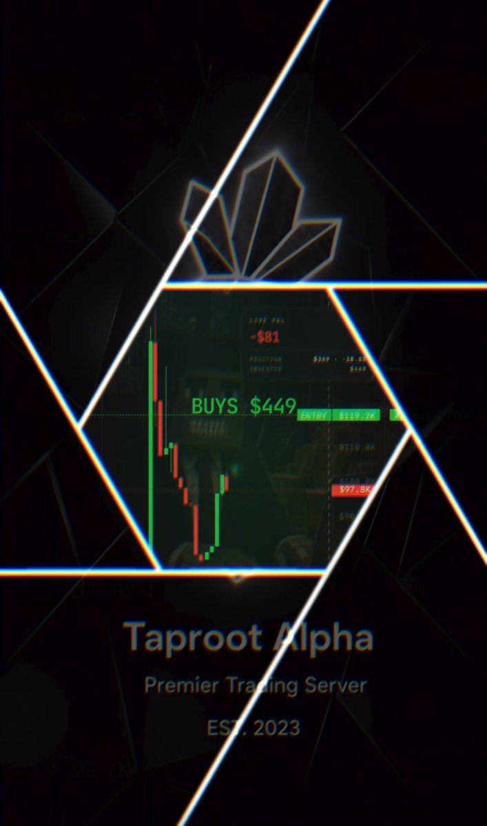 A dark promotional graphic for "Taproot Alpha Premier Trading Server EST. 2023" features a geometric triangle logo and an overlay of a stock trading chart with candlesticks and text including "LIVE P&L -$81" and "BUYS $449".