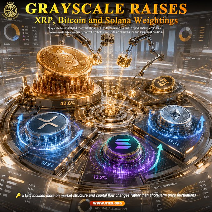 A stylized infographic showing Grayscale's CoinDesk Crypto 5 ETF portfolio rebalancing with cryptocurrency coins displayed as elevated tokens, highlighting weightings of BTC 42.6%, XRP 18.2%, SOL 13.2%, ETH 17.3%, and BNB 8.7%, with the headline "Grayscale Raises XRP, Bitcoin and Solana Weightings" reinforcing the announcement of increased allocations to these assets.