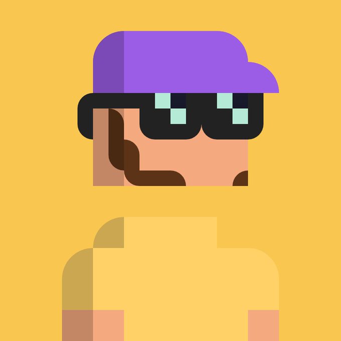 A minimalist pixel-art style illustration shows a character with purple hair and pixelated sunglasses against a yellow background.