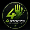 A circular logo with a black background features a stylized yellow "4" merging into a green hand graphic, with the text "STOCKS - Chart Power Trading" displayed below. The image directly represents the "4Stock" brand referenced in the post, visually tying the announcement about arranging contracts and building the leading meme to the project's official emblem.