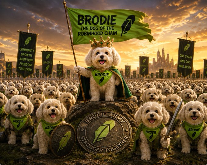 A fantasy-style image shows a small white dog wearing a crown and a green 'BRODIE' cape, holding a green flag that reads 'BRODIE THE DOG OF THE ROBINHOOD CHAIN', standing on a rock surrounded by an army of similar dogs wearing 'BRODIE' bandanas.