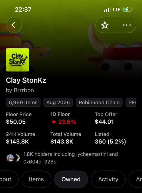 The image shows a mobile screen displaying the NFT collection "Clay StonZ" by Brrrbon on Robinhood Chain, with a floor price of $50.05 and a 1D floor drop of 23.6%. The caption reflects the poster's regret for not minting more of the collection while it was likely cheaper, given the collection's notable metrics including 6,969 items and 1.8K holders.