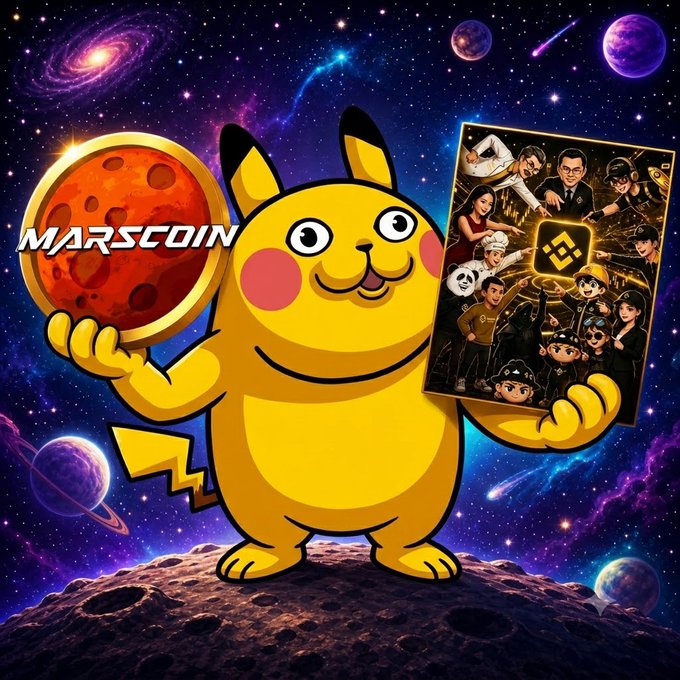 A Pikachu-like cartoon mascot standing on a moon holds a Mars-themed coin labeled "MARSCOIN" in one hand and a collage of characters surrounding a Binance logo (the other hand reads "Binance stock in" contextually), set against a vivid cosmic backdrop of planets and galaxies—visually linking the Marscoin promotion to Binance's endorsement as referenced in the caption.