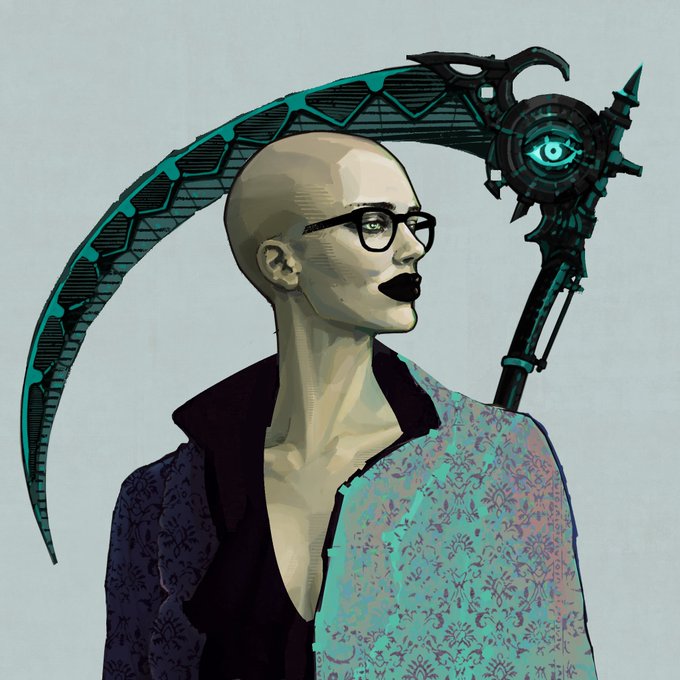 A stylized digital illustration of a bald person with glasses and black lipstick, wearing a floral jacket and holding a large scythe with a green eye design.