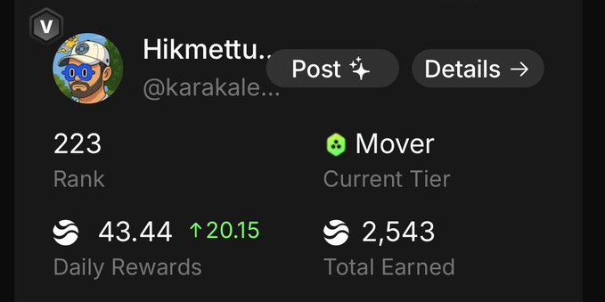 The image depicts a person's social media account with their progress displayed in detail. The post says that they have been rank 223 at the current tier of 2,543 daily rewards up to now. The post also mentions that there are 13 days left until Season 5 ends and that consistency has started showing results. A total of 7 rewards can be earned on this journey. 

The post includes a screenshot of their progress bar, which illustrates the rank they currently hold at the second tier (2,543). Additionally, some users have shared their post with this account, giving it an upward-looking trend and suggesting that more people are joining in to support them. In one particular image, there is a person wearing blue sunglasses who posted a screenshot of their progress bar along with a caption describing the rank they currently hold at the second tier (2,543). The post also includes some words from other users, adding to its upward-looking nature.