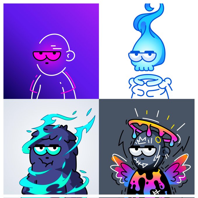 A 2x2 grid of cartoon characters with mischievous expressions, including a pink figure, a blue flame-like creature, a teal water elemental, and a dark angelic figure with colorful wings.