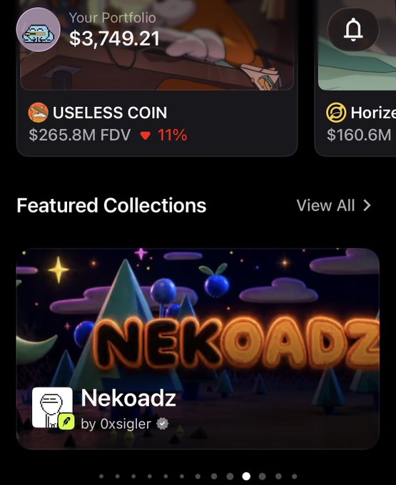 Crypto app interface showing 'Your Portfolio' at $3,749.21, with a 'USELESS COIN' valued at $265.8M FDV down 11%, and a featured collection called 'Nekoadz' by Oxsigler.