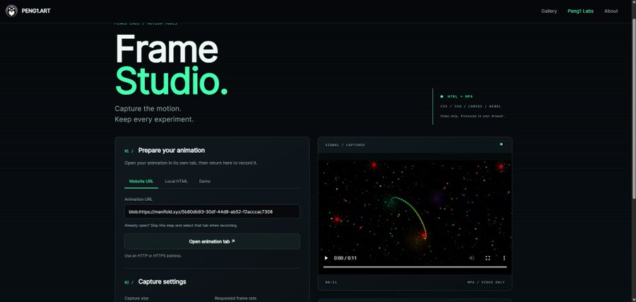 A screenshot of 'Frame Studio' by Pengi Labs, showing a tool to 'Capture the motion, Keep every experiment' with an animation URL input field and a video preview.