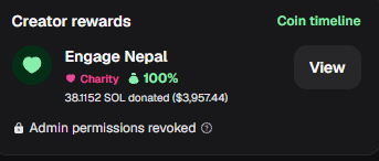A dark-themed UI screenshot showing 'Creator rewards' for 'Engage Nepal', a charity with 100% score, displaying that 381,152 SOL was donated ($3,957.44).