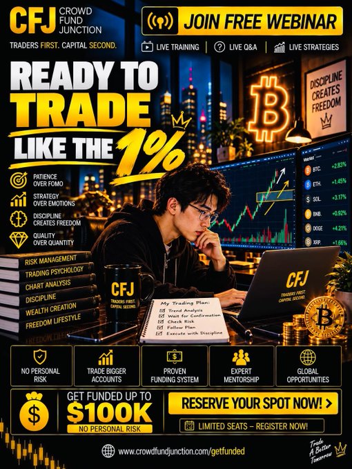 Promotional poster for 'CrowdFund Junction' (CFJ) advertising a free webinar to 'Trade Like The 1%' with promises of up to $100K funding, featuring a trader working on multiple screens.