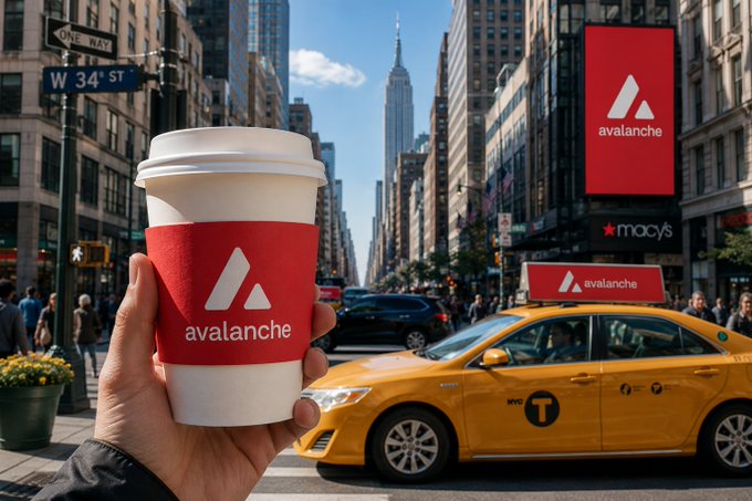 A hand holds a red "avalanche" branded coffee cup on a bustling New York City street, with the Empire State Building visible in the background alongside a yellow taxi and Macy's signage—evoking the 16-day countdown to the Avalanche Summit NYC.