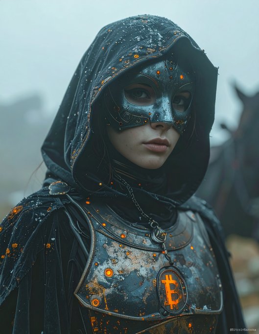 A digital artwork depicting a hooded figure in dark, weathered armor featuring a Bitcoin logo, with glowing orange accents on the mask and chest plate.