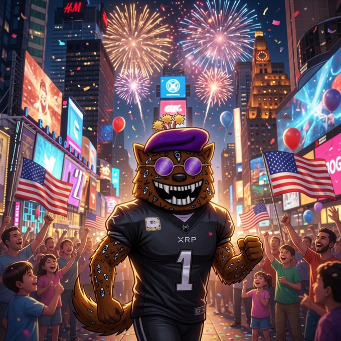 A vibrant, stylized illustration of a cartoon cheetah mascot wearing sunglasses, a purple beret, and a jersey labeled "XRP" with the number 1, celebrating in a city street with fireworks, American flags, and a cheering crowd.