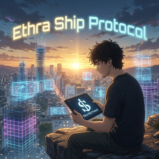 Anime-style promotional artwork for 'Ethra Ship Protocol' showing a young man holding a tablet displaying a dollar sign, overlooking a futuristic cityscape at sunset with neon holographic buildings.
