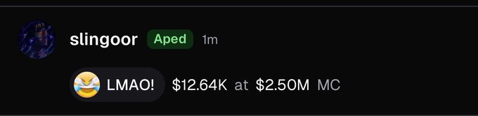 A Discord-style message from user 'slingoor' with an 'Aped' badge, showing a laughing emoji followed by 'LMAO!' with financial figures '$12.64K at $2.50M MC'.