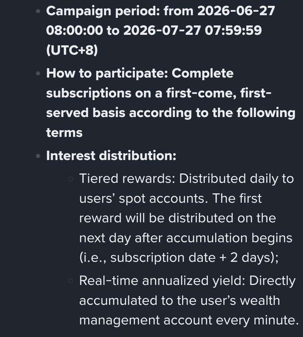 Text outlining campaign terms: running from 2026-06-27 to 2026-07-27, with tiered rewards distributed daily and real-time annualized yield accrued per minute.
