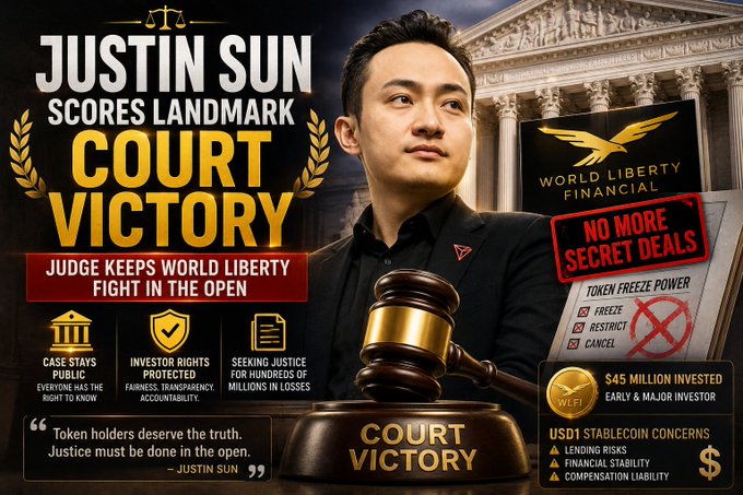 A promo graphic for Justin Sun's 'Court Victory' regarding World Liberty Financial, highlighting $45 million investment, US1 stablecoin concerns, and token freeze restrictions.