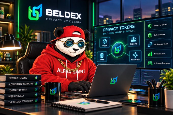 A panda mascot wearing sunglasses and a red 'ALPHA SAINT' hoodie works on a laptop, with books titled 'PRIVACY TOKENS', 'BLOCKCHAIN INFRASTRUCTURE', and 'THE BELDEX ECOSYSTEM', and a BELDEX 'PRIVACY BY DESIGN' screen in the background.