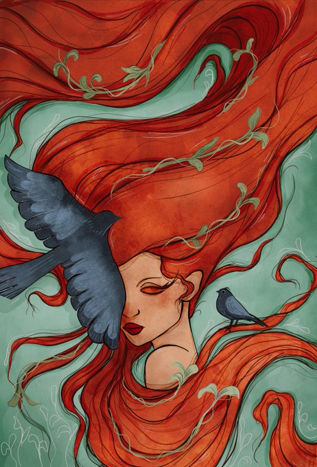 An illustration of a woman with flowing red hair surrounded by two black birds against a teal background, rendered in a swirling, artistic style.