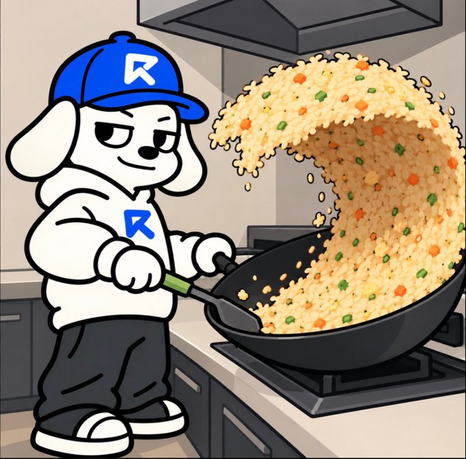 A cartoon dog mascot wearing a blue "R" cap confidently tosses fried rice in a wok, symbolizing the high-volume trading activity ("volume: $1m+") and thriving ecosystem metrics of the $RUNNER perp treasury, which is fueled by the buyback and burn fund and successful token launches.
