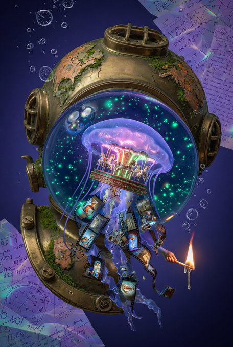 A surreal digital illustration of a large, ornate brass diving helmet containing a glowing purple jellyfish, with smaller jellyfish carrying cassettes and electronic devices floating below against a dark blue background covered in handwritten equations.