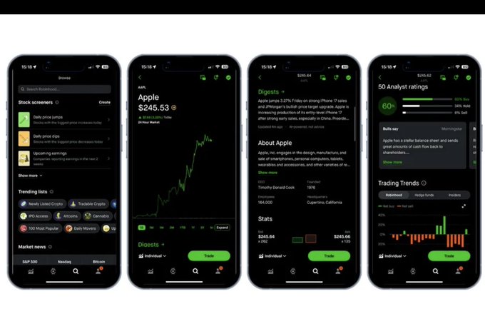 Four screenshots of the Robinhood mobile app display stock and crypto trading screens, including a screener showing "$SPY 500," "Bitcoin," and trending stocks like NVDA and AFRM; an Apple ($AAPL) chart at $245.53; an Apple info page with news from Apple [AAPL] about iPhone 17 sales; and an analyst ratings screen showing 60% Buy ratings and a trading trends chart. The interface's clean, modern design with its dark green accents reflects the familiar Robinhood trading experience referenced in the post about extending that same brand feel to onchain markets via Robinhood Chain.