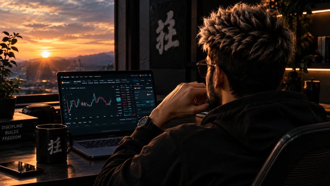 A man with styled hair sits at a desk looking at a laptop showing stock charts during sunset, with a mug labeled '狂' and another reading 'DISCIPLINE EQUALS FREEDOM'.