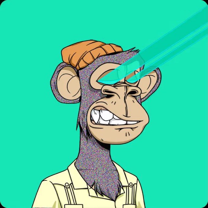 A cartoon illustration of a monkey wearing an orange beanie and a beige shirt, with a glittery purple face and glowing teal laser eyes against a green background.