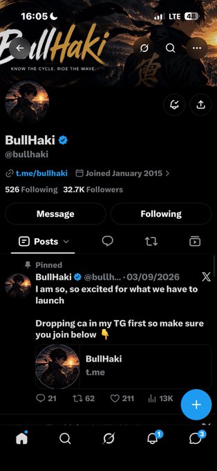 A Twitter/X profile screenshot for "BullHaki" (@bullhaki) with 32.7K followers, displaying a pinned post announcing an upcoming Telegram launch with a wave-themed banner.