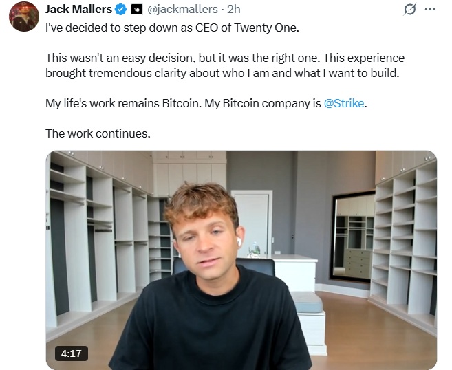The image shows a tweet from Jack Mallers (@jackmallers) announcing he has stepped down as CEO of Twenty One, stating "My life's work remains Bitcoin. My Bitcoin company is @Strike." The accompanying post mocks Mallers for losing 92% on his BTC treasury company Twenty One while previously criticizing XRP, suggesting he should have focused on his own company's struggles rather than attacking others.