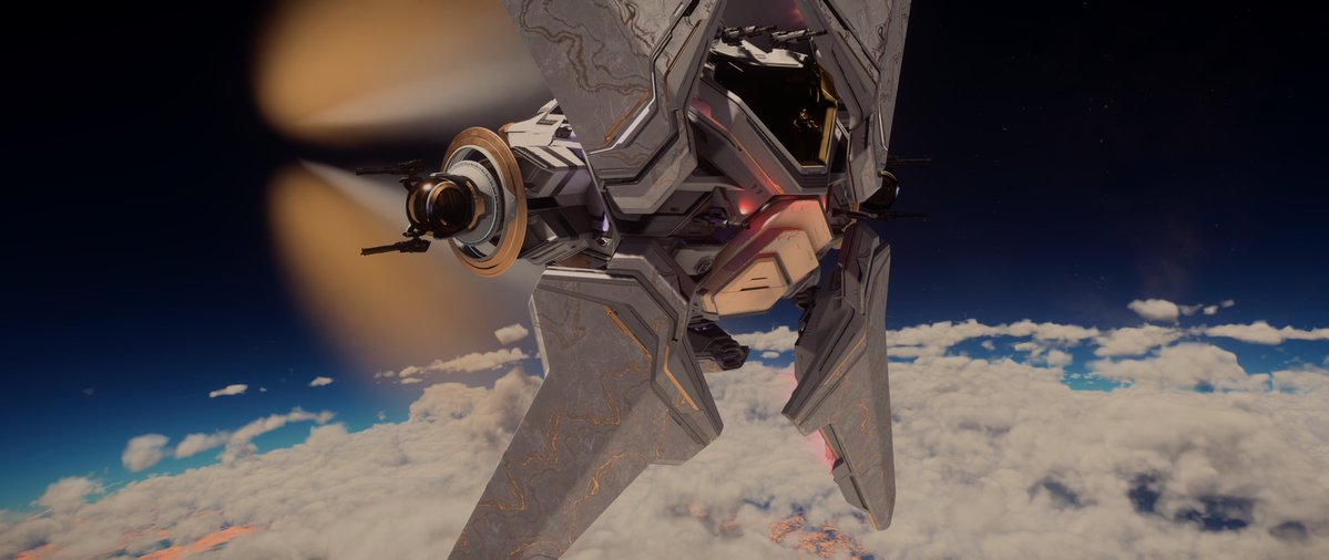 A futuristic spacecraft with rapidly spinning rotors flies above a layer of clouds against a starry sky.