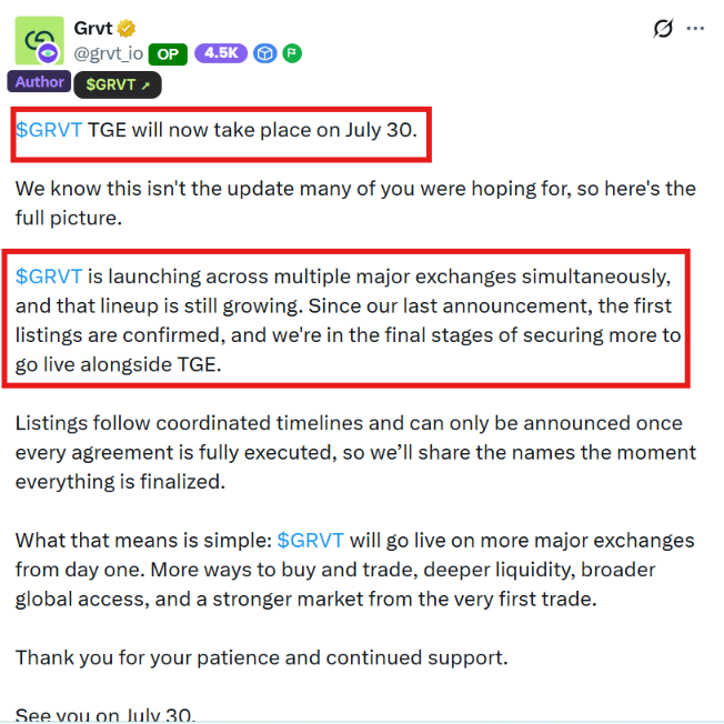 The image is a tweet from Grvt (@grvt_io) announcing that the $GRVT TGE has been rescheduled to July 30 in order to finalize listings on multiple major exchanges for a simultaneous Day 1 launch with deeper liquidity and broader market access. This aligns with the accompanying post's speculation on $GRVT's potential price impact from launching across several major exchanges with stronger liquidity from day one.