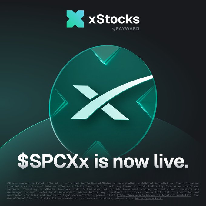 The image features a green circle with a white x inside of it, which is the logo for $SPCXx. The text "SPCXx is now live" is displayed below the logo, indicating that the company has launched their new cryptocurrency. The image also includes a caption about the post and mentions that it was created by @xStocksFi.